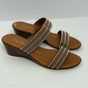 Toscanella Italy Wedge Sandals Slip On Women’s Sz 8 Open Toe Brown Studded Shoes